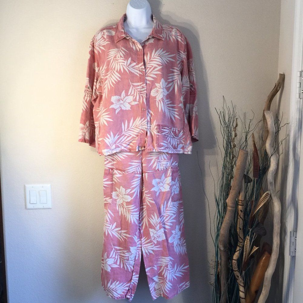 Chico's Linen Tropical Two Piece Set Clam Digger Pants Red 14 16 Vintage